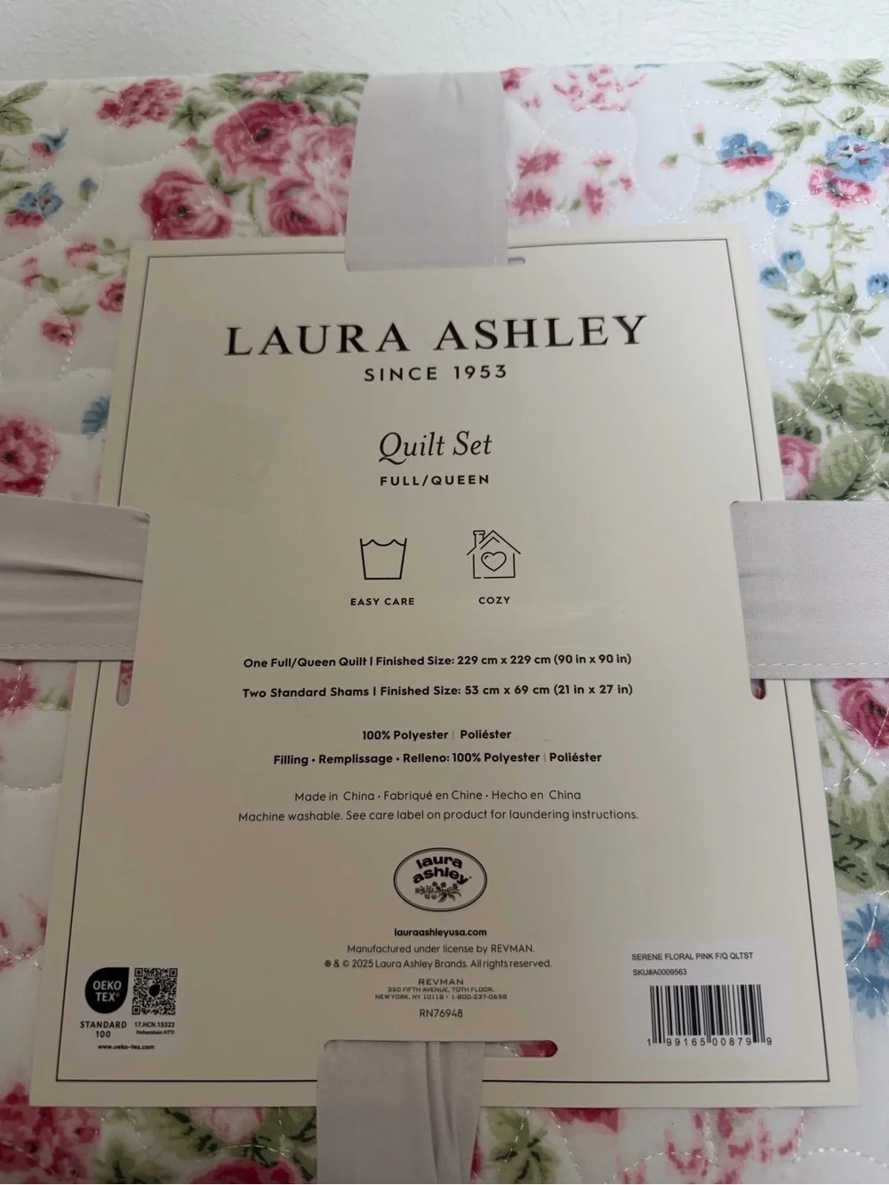 Laura Ashley White Floral Quilt with Pink Roses & Green Leaves